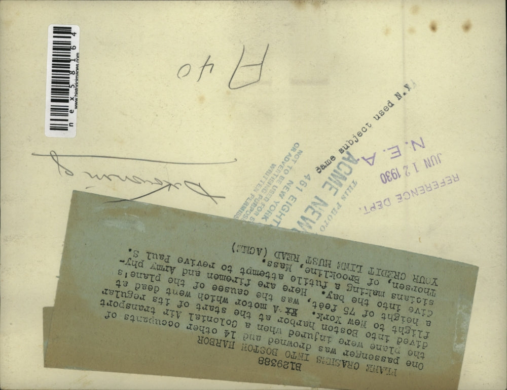 1930 Press Photo Colonial Air plane crashed in Boston harbor 1 dead 14 hurt