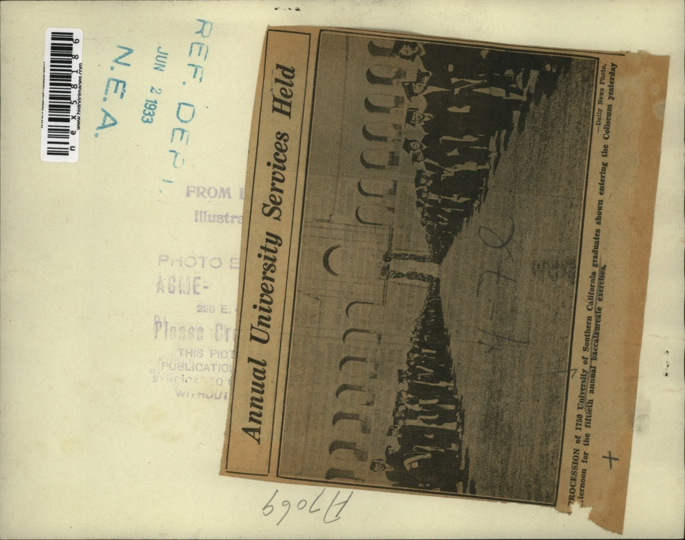 1933 Press Photo University of Southern Calif graduation ceremony