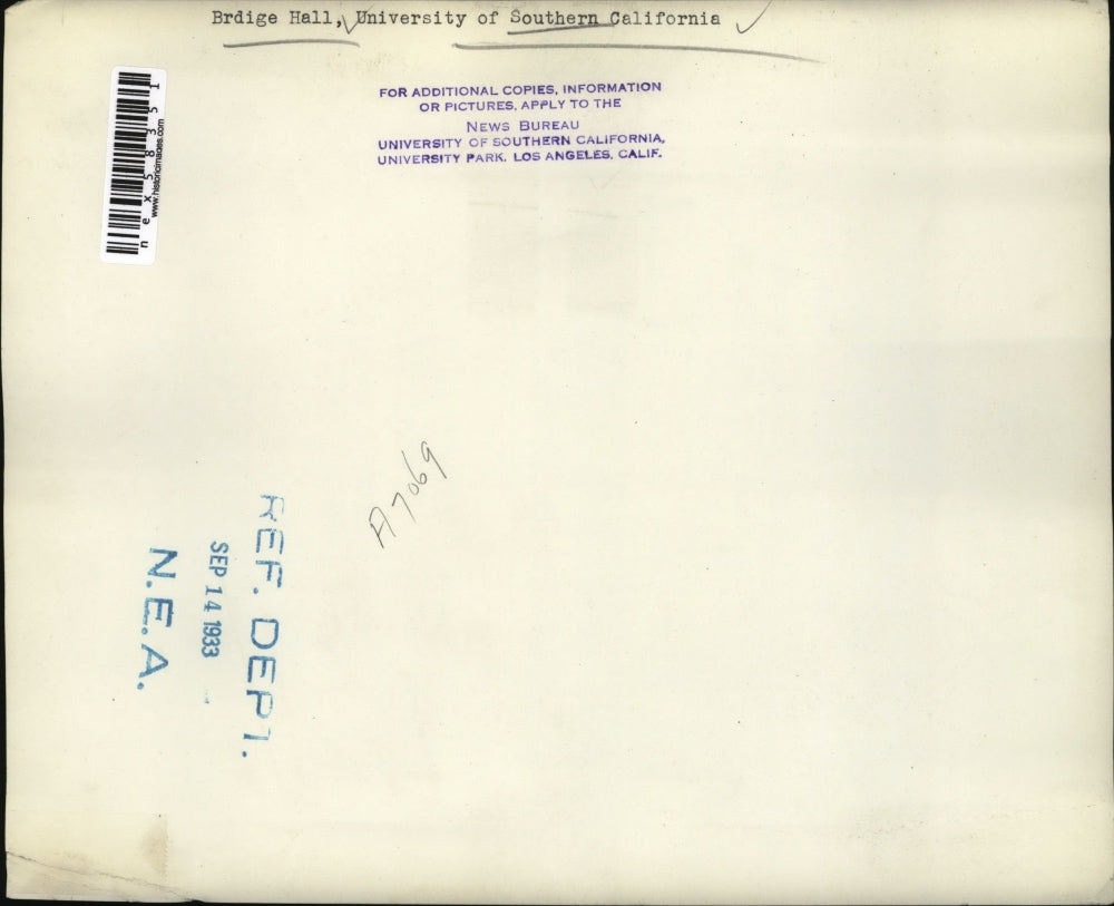 1933 Press Photo Bridge Hall at Univ of Southern Calif campus