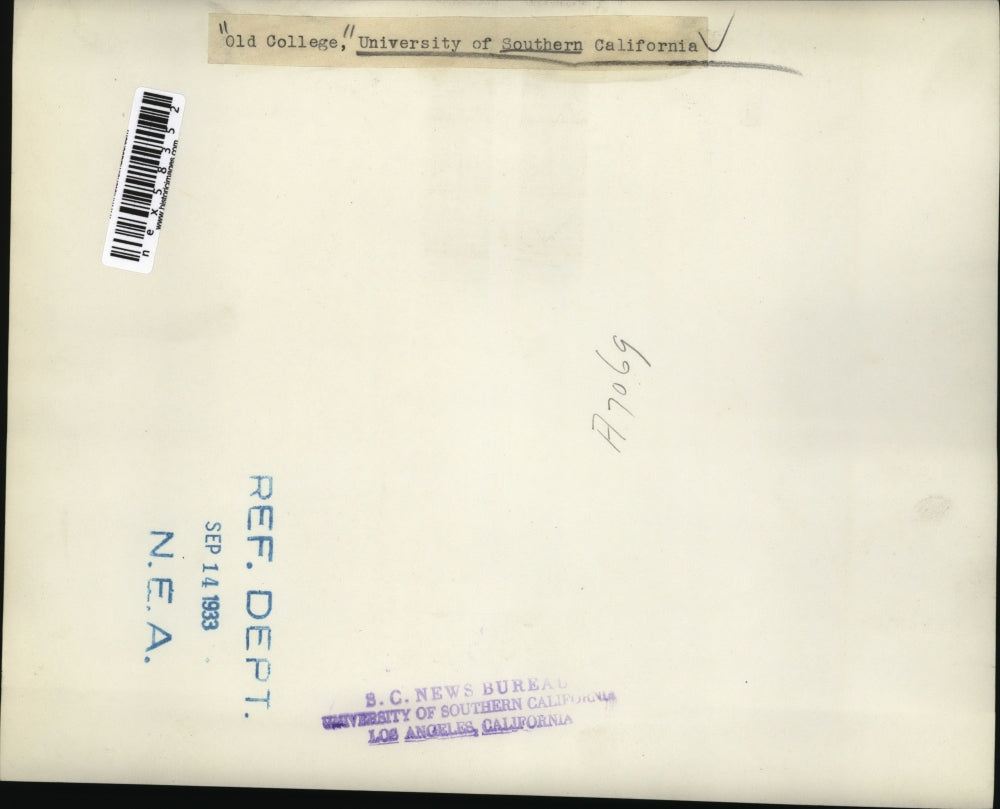 1933 Press Photo Old College bldg at Univ of Southern Calif