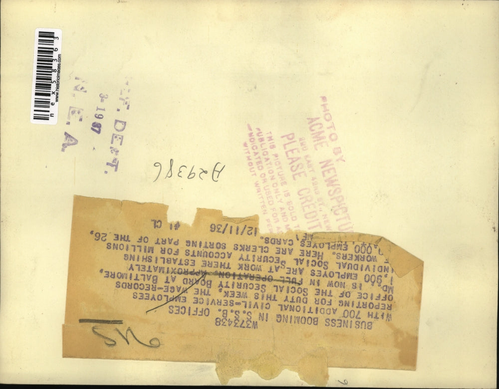 1936 Press Photo Baltimore Social Security Board clerks sort employes cards