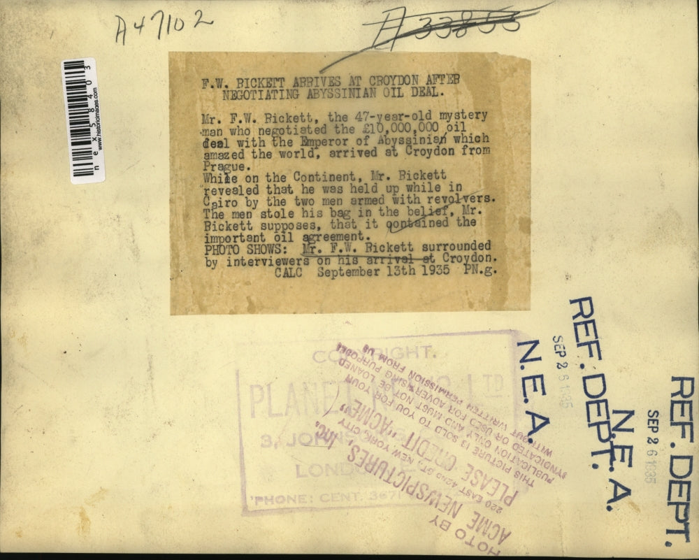 1935 Press Photo FW Rickett negotiated oil deal with Abyssinian Emperor