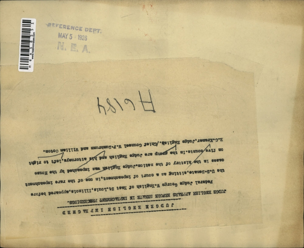 1926 Press Photo Fed Judge GEo English Ill at US Senate with EC Kramer