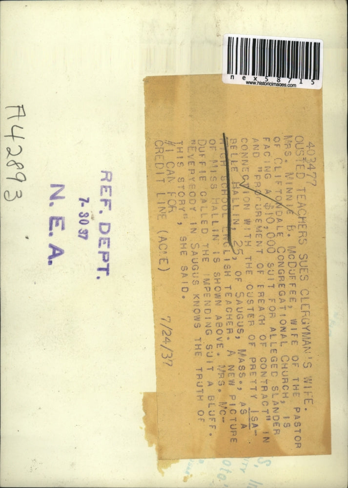 1937 Press Photo Mrs Minnie B McDuffee sued by Isabelle Hallin