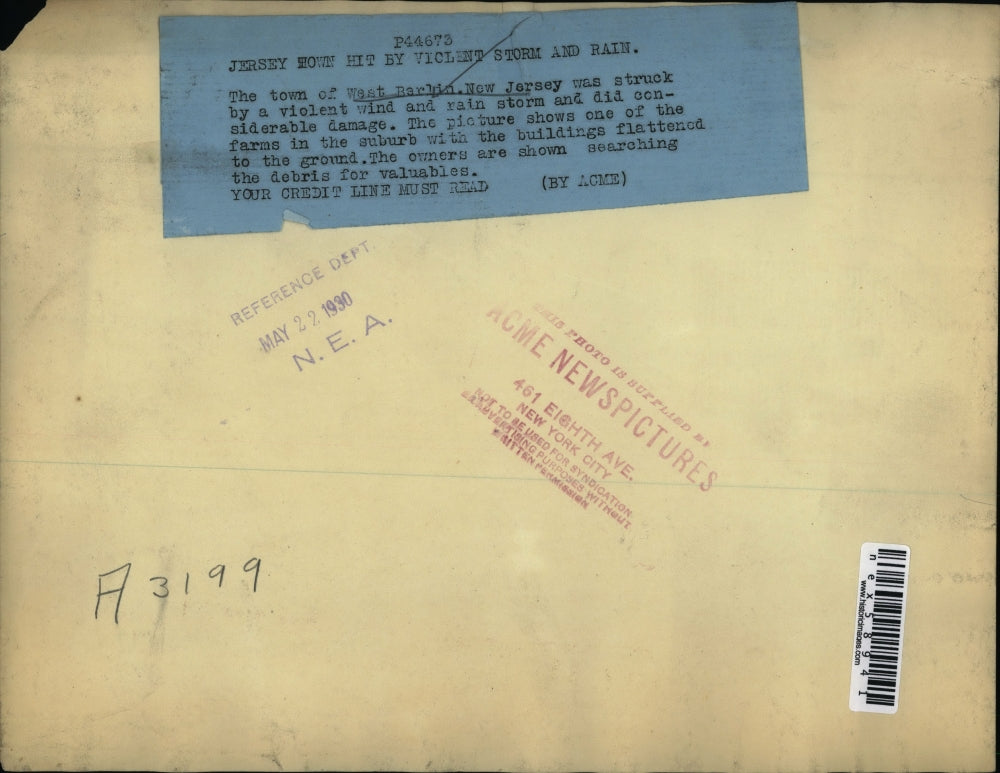 1930 Press Photo Farm Destroyed by Wind & Rain Storm, West Barkin, New Jersey