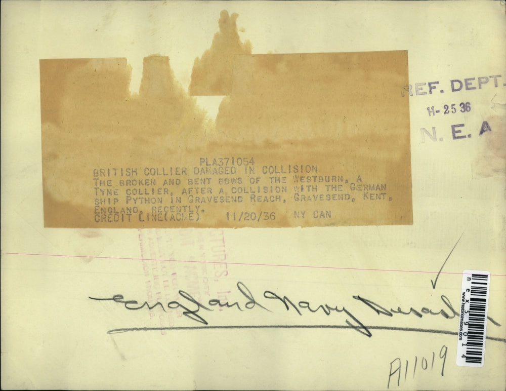 1936 Press Photo British collier Westburn damaged in a collision