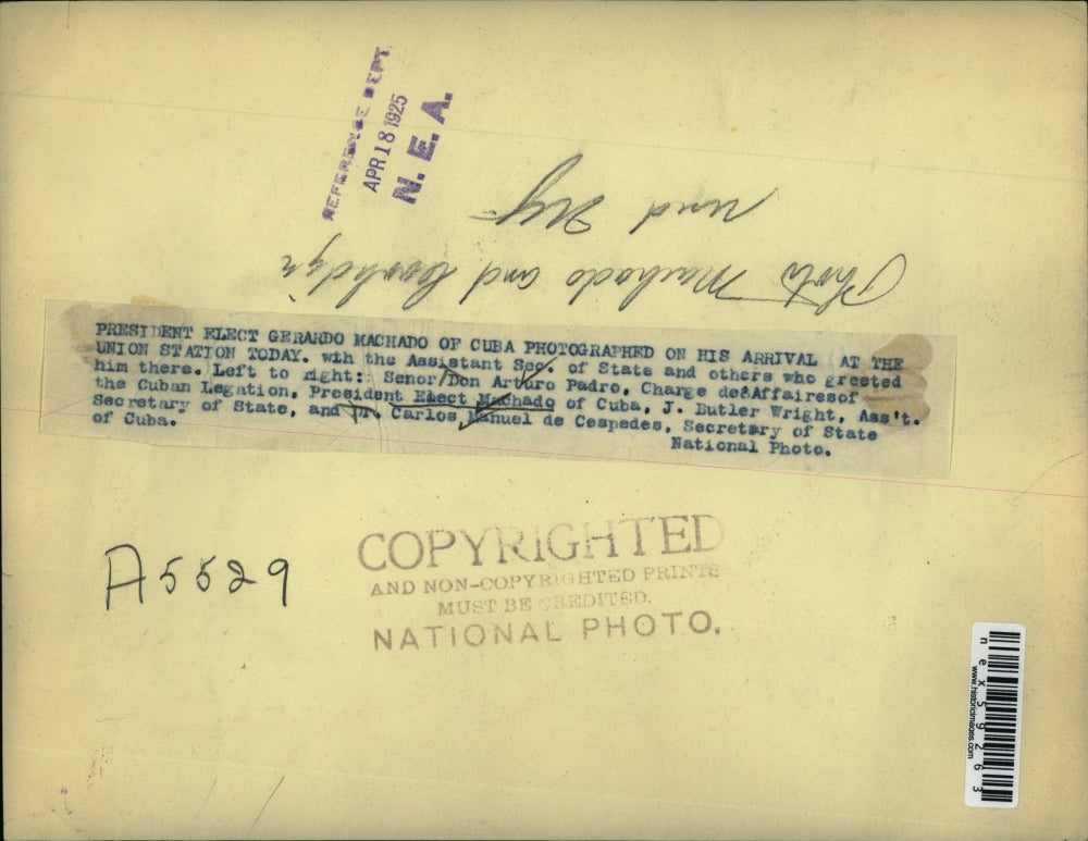 1925 Press Photo President Elect Gerardo Machado, arrival at Union Station