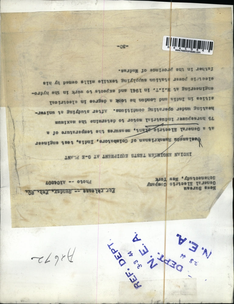 1944 Press Photo GE plant Feelamsdu Ramakriasnan of India test engineer