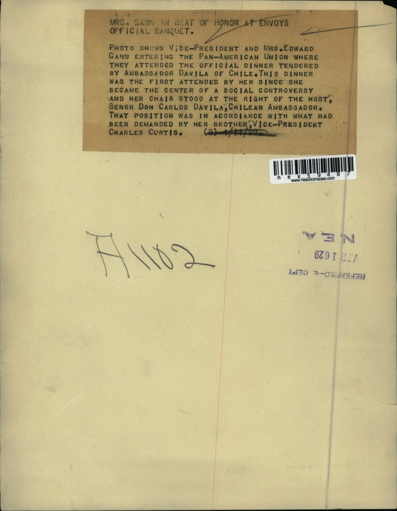 1929 Press Photo Vice President and Mrs Edward Gann at Pan American Union