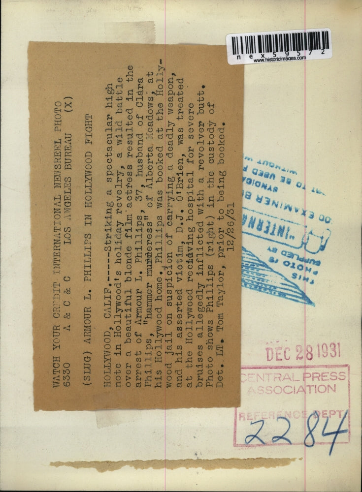 1931 Press Photo Armour L Phillips Arrested for D J O Brien Assault Tom Taylor