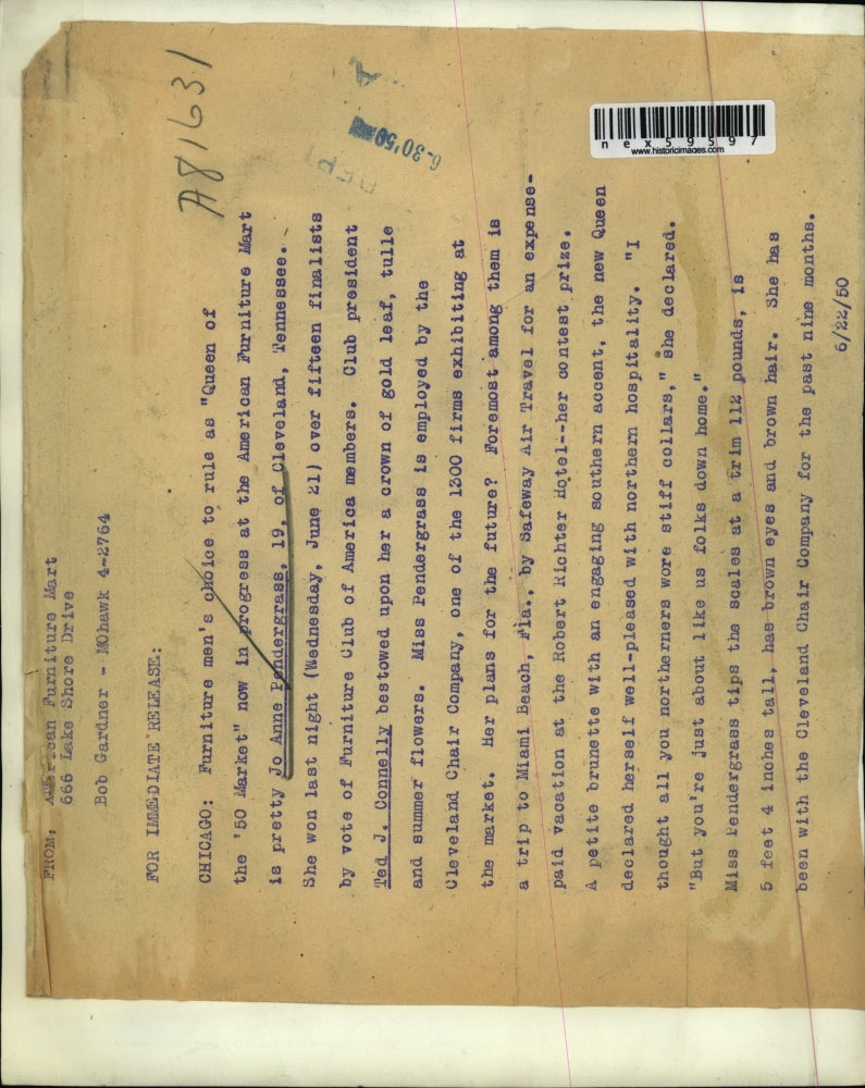 1950 Press Photo Jo Anne Pendergrass Queen of 1950 Market in Chicago