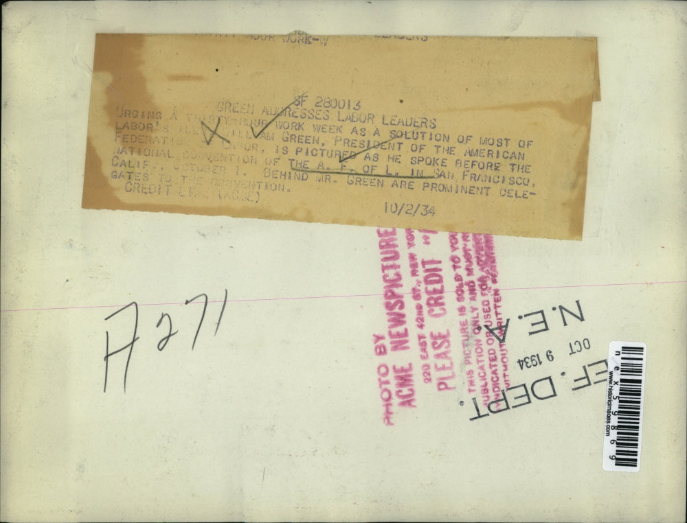 1934 Press Photo Green Addresses labor leaders