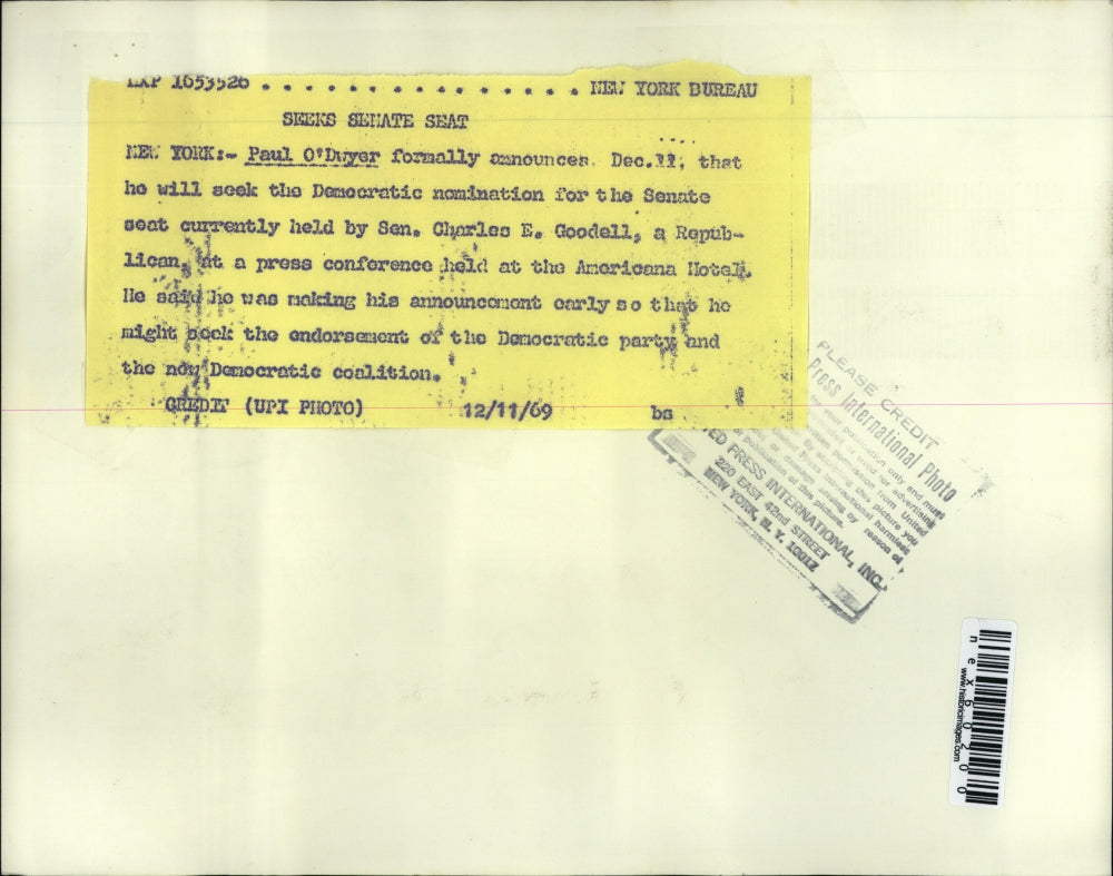 1969 Press Photo NYC Paul O'Dwyer seeks nomination to Senate seat