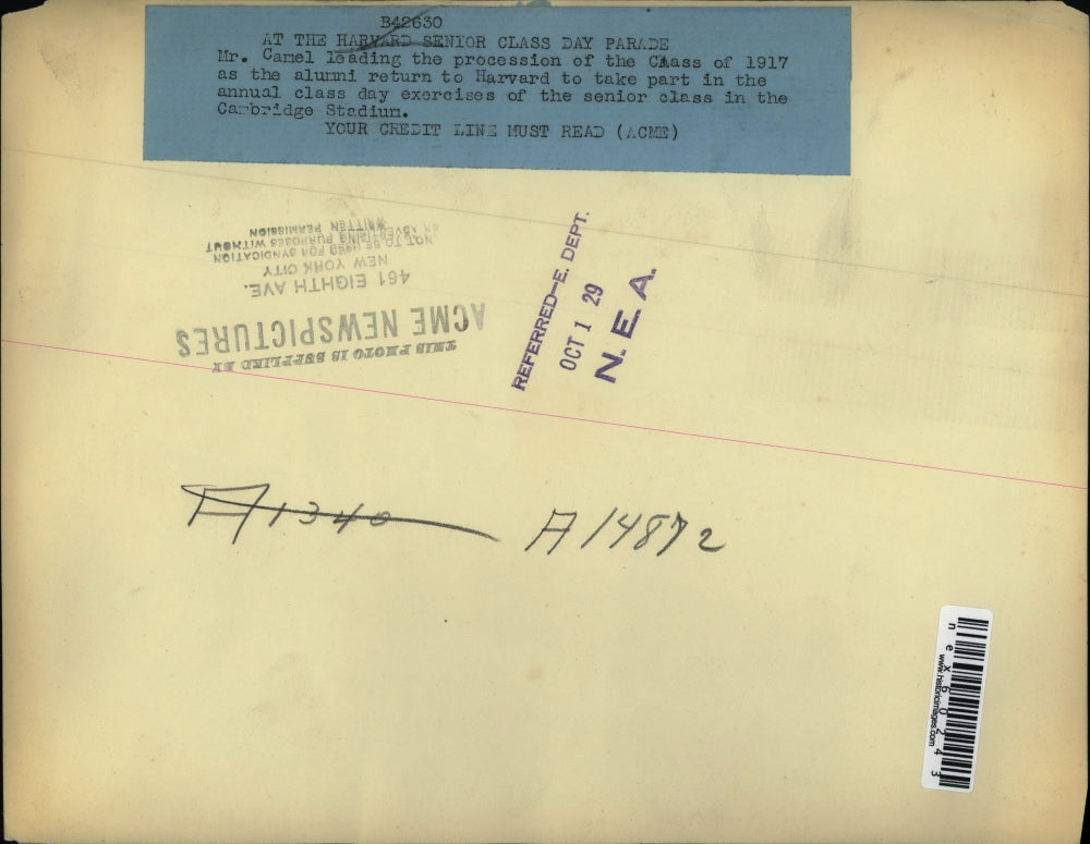 1929 Press Photo Harvard senior Class Day Parade Cambridge Stadium