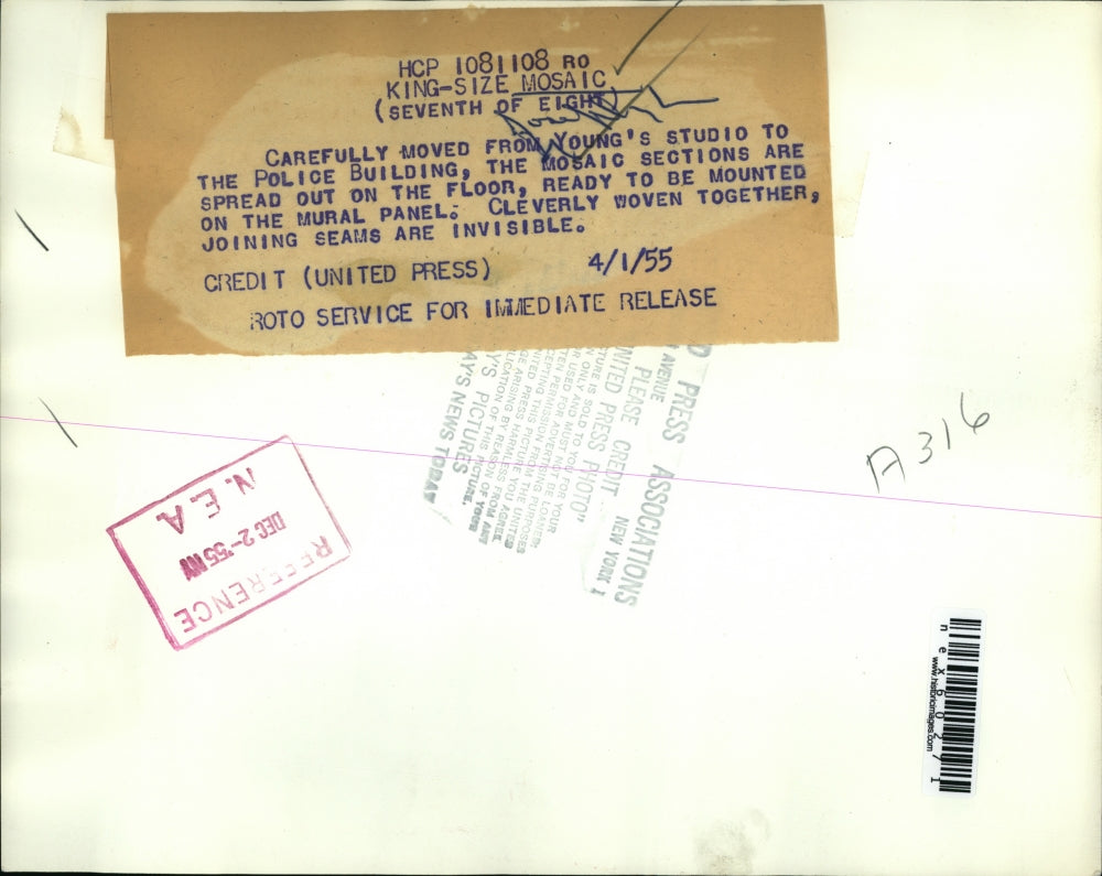 1955 Press Photo King-size Mosaic, from Young's Studio to the Police Building