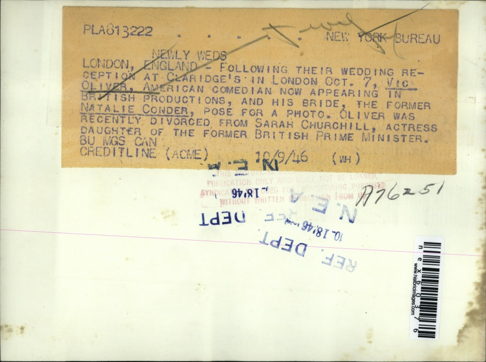 1946 Press Photo Vic Oliver, American Comedian & his bride Natalie Conder