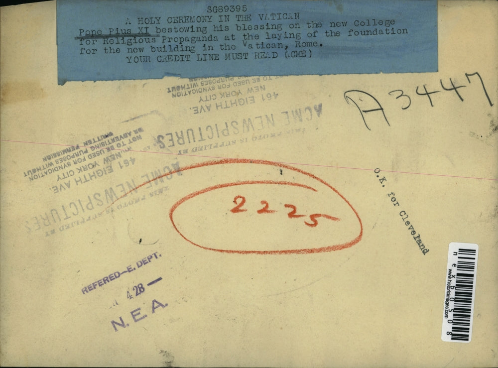 1928 Press Photo Pope Pius XI Blesses College for Religious Propaganda, Rome