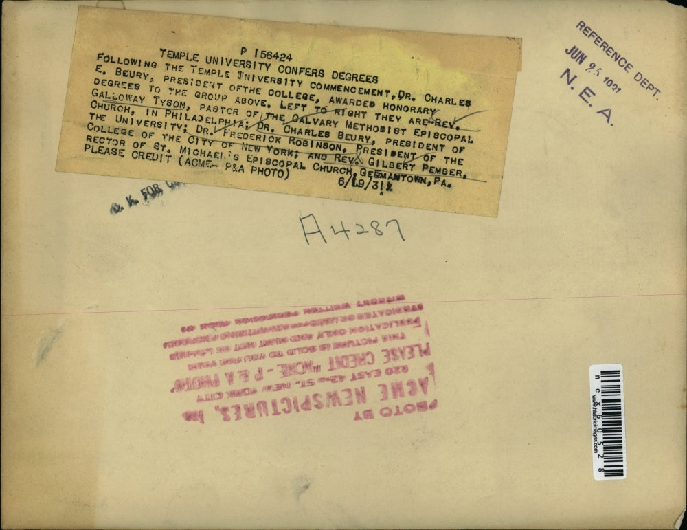 1931 Press Photo Temple University Honorary Degree Recipients, Charles E. Beury