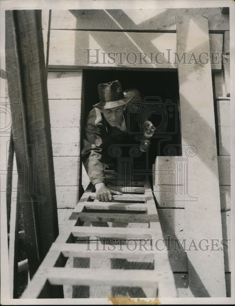 1937 Press Photo Miner Climbing Down Ladder in Virginia-Maryland Gold Fields