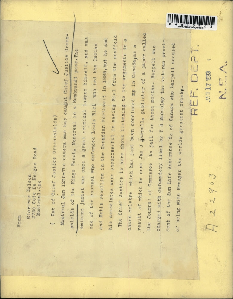 1933 Press Photo Chief Justice Green-Shilds Kings Beach Montreal