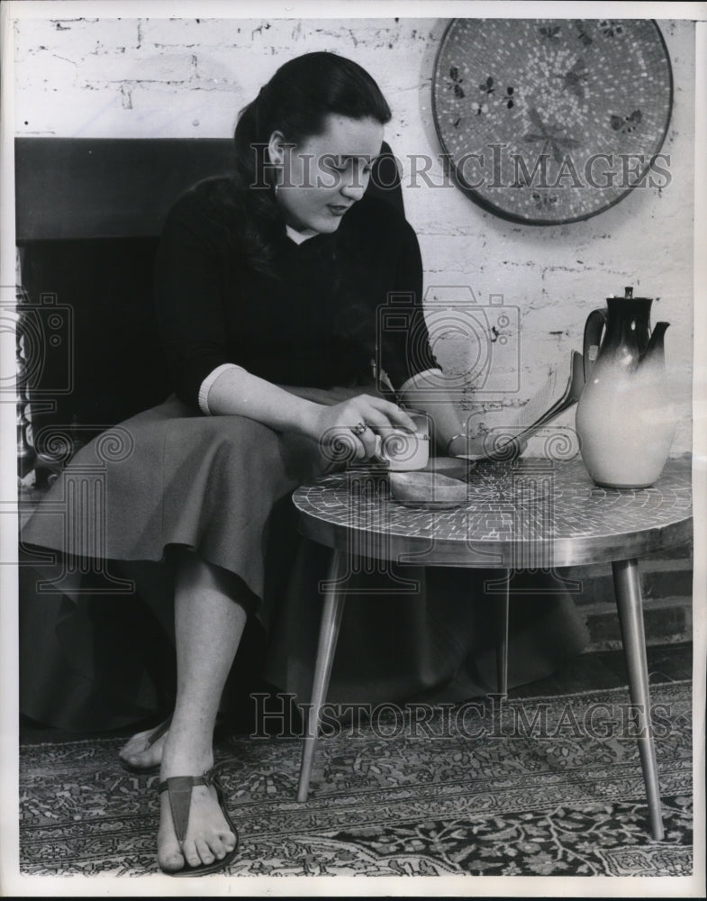 1956 Press Photo Small Mosaic Tile Table and Translucent Tile Wall Plaque
