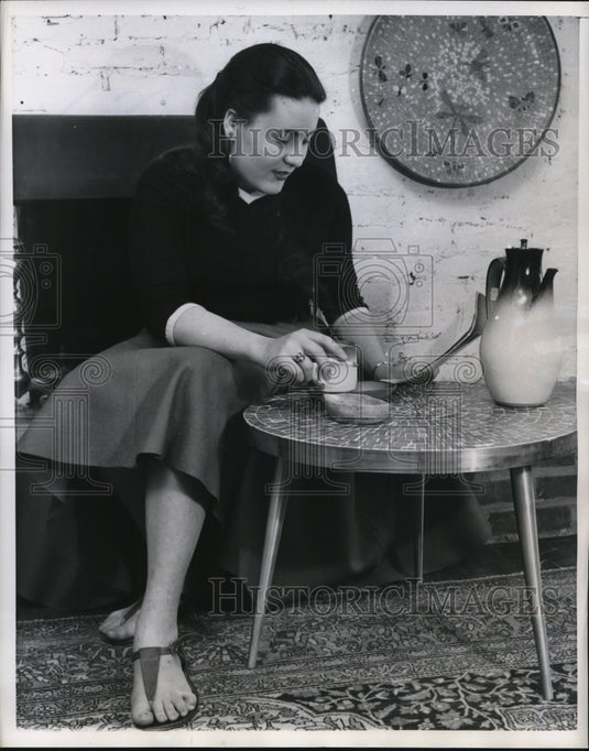 1956 Press Photo Small Mosaic Tile Table and Translucent Tile Wall Plaque