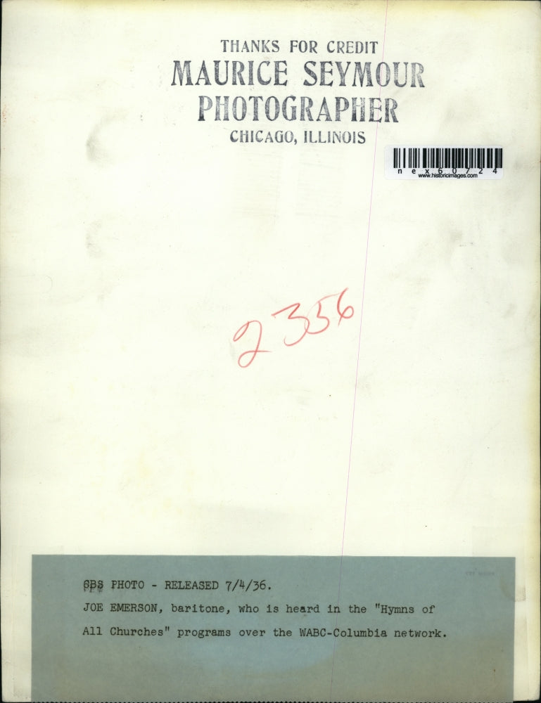 1936 Press Photo Joe Emerson, Baritone,who is heard in the Hymns of all Churches