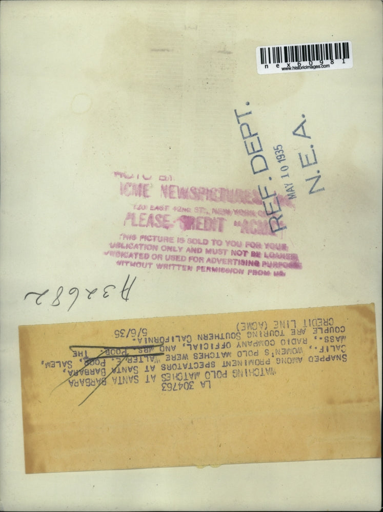 1935 Press Photo Santa Barbara Calif Walter Poor & wife at polo matches