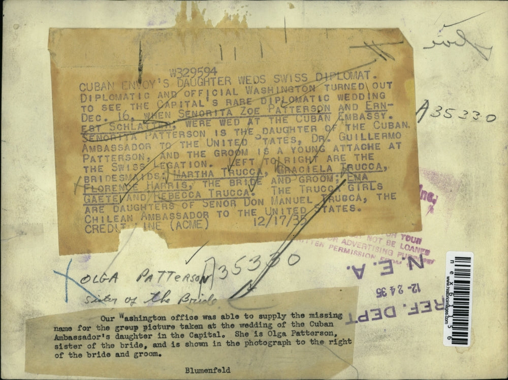 1935 Press Photo Zoe Patterson & Ernest Schlatten wedding in Cuban Embassy