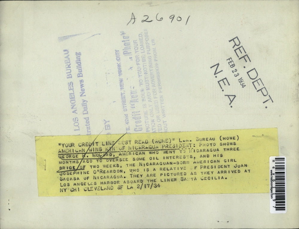 1934 Press Photo George R McCord & bride Josephine O'Reardon