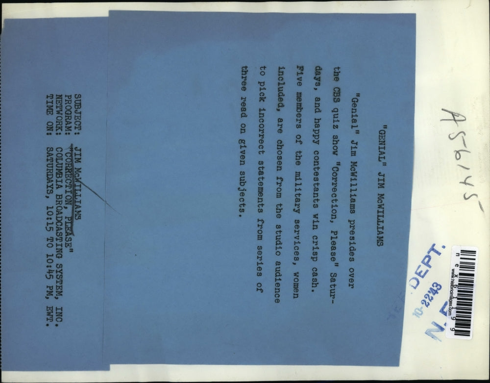 1943 Press Photo Jim Mcwilliams CBS show Correction Please & contestants