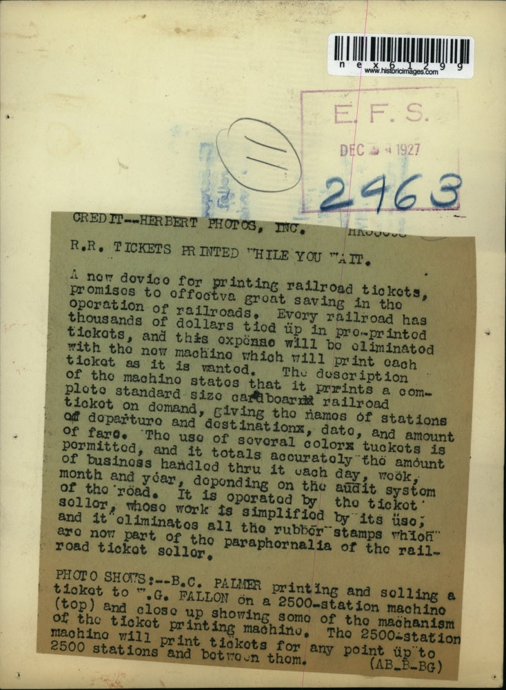1927 Press Photo Printer for RR tickets BC Palmer & WG Fallon