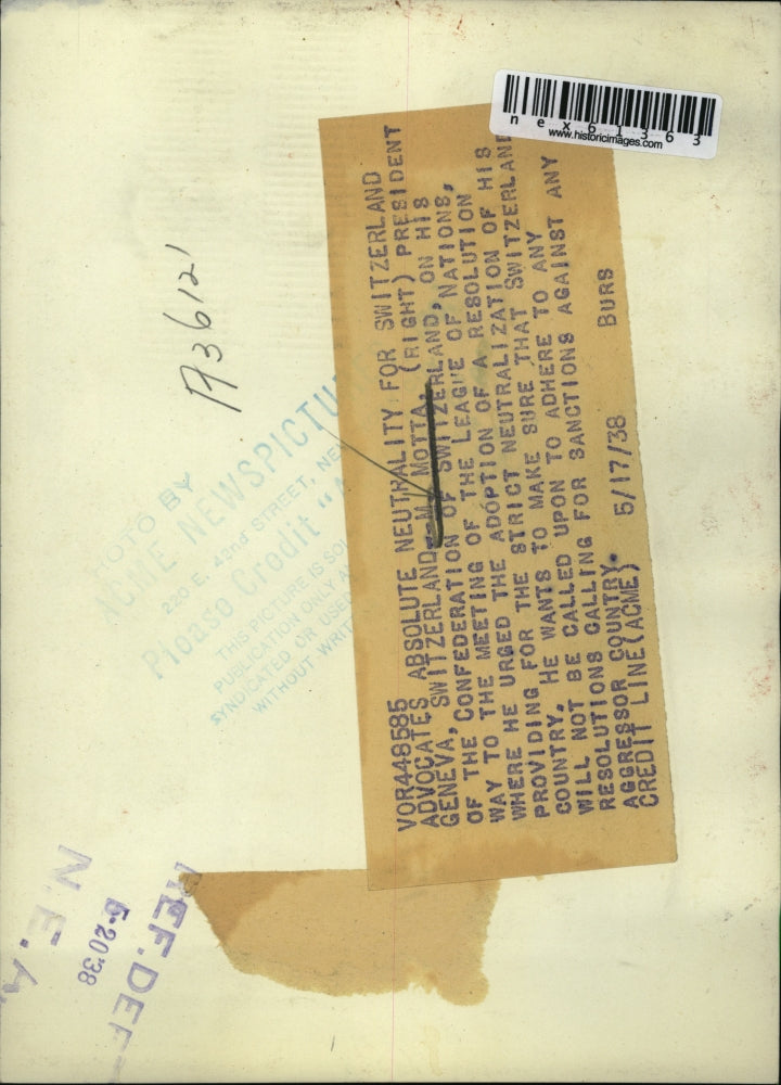 1938 Press Photo Geneva Switzerland M Motta Pres.at the League of Nations