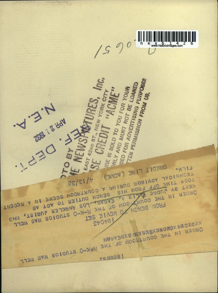 1932 Press Photo Judge Ellis A Eagan Los Angeles R-K-O Studios Technical Advisor