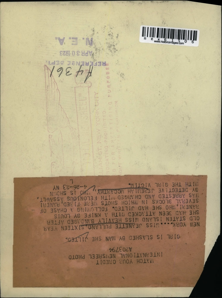 1923 Press Photo Jeanette Pullano wounded in knife attack Det J McCarthy