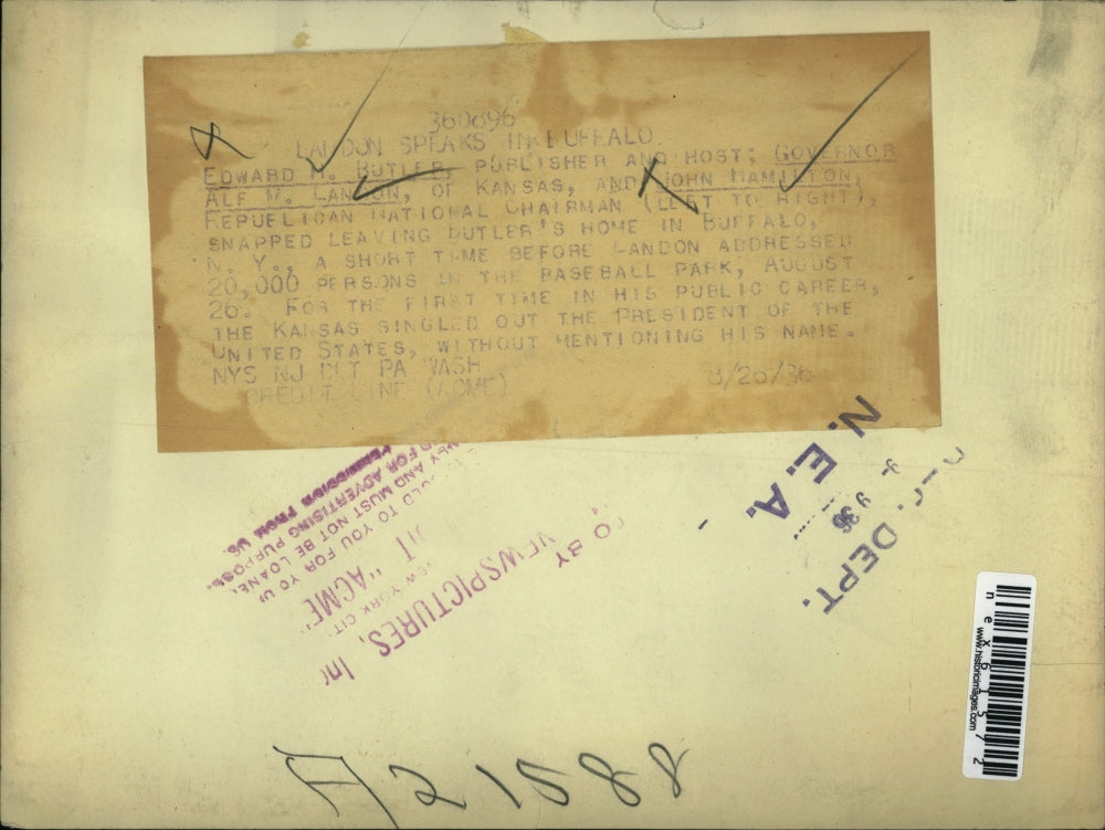 1936 Press Photo Edward Butller, Gov Alf Landon and John Hamilton