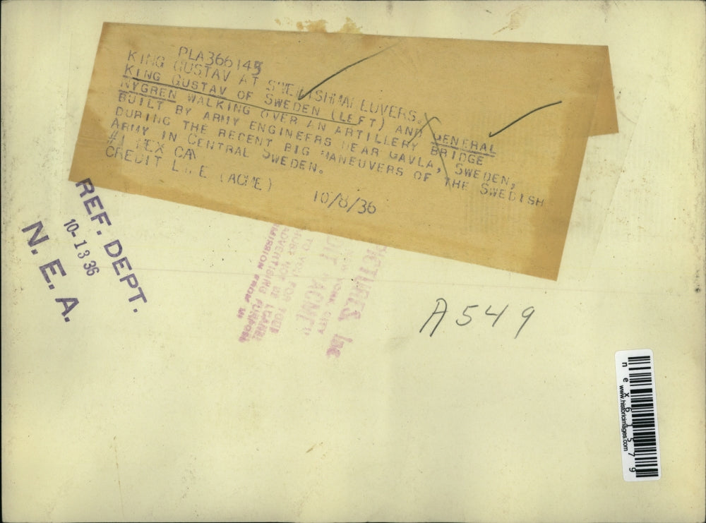 1936 Press Photo King Gustav of Sweden Gen Nygrem at Gavla