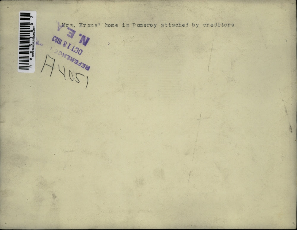 1922 Press Photo Mrs Kraus house in Pomeroy attached by creditors