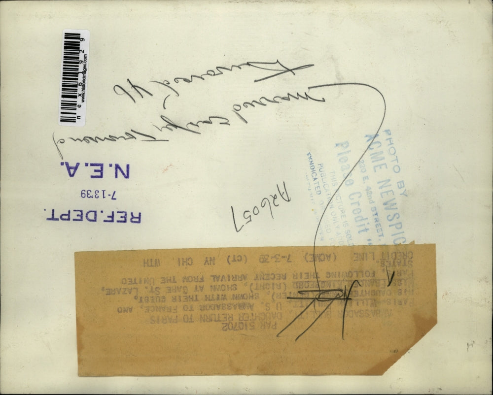 1939 Press Photo William Bullitt US Ambassador to France and Frances Kingsford