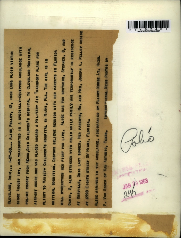 1953 Press Photo Iron Lung Polio Victim Alice Pelley in Transport Ambulance