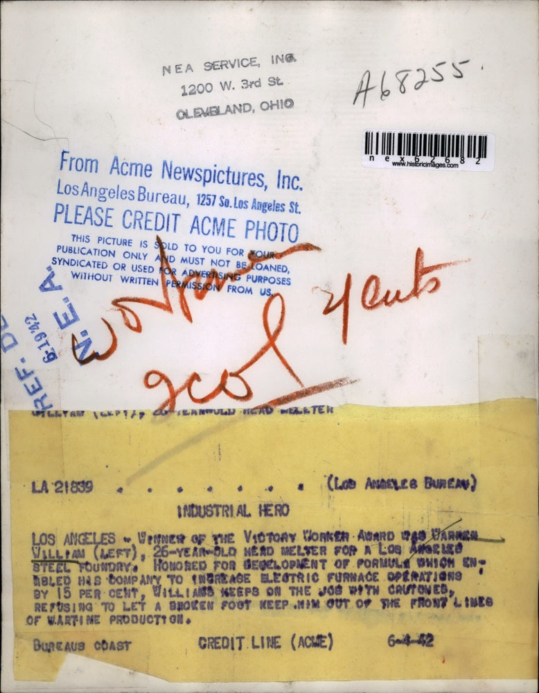 1942 Press Photo Los Angeles, Warren Williams, Welder Steel Foundry