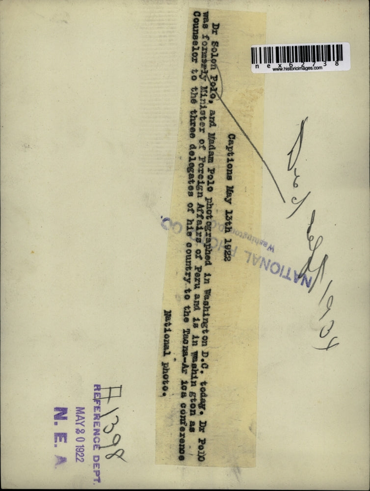 1922 Press Photo Dr Solon Polo & wife was minister of foreign affairs of Peru