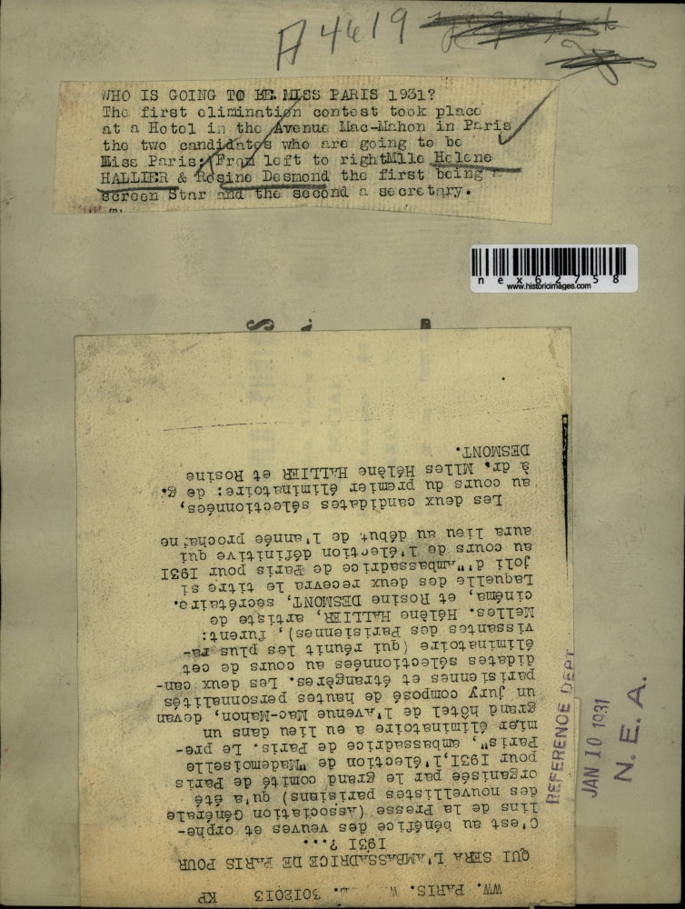 1931 Press Photo L-R Helene Hallier & Rosine Desmond, Miss Paris 1931 Candidates