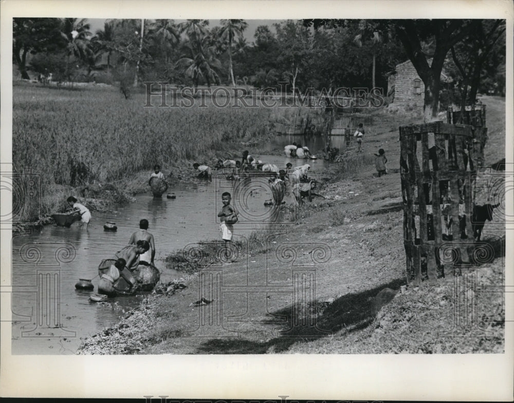 1962 Press Photo Bengal India women & kids catch small fish to add to diet