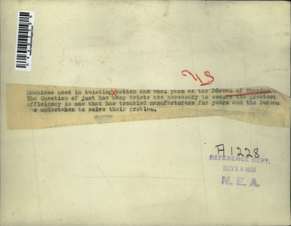 1920 Press Photo Cotton twisting machines atBureau of Standards testing