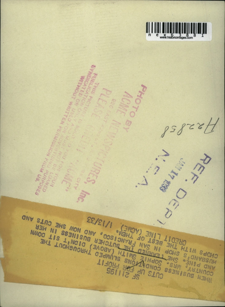 1933 Press Photo Mrs. Sophie Smith, learned the Butcher business