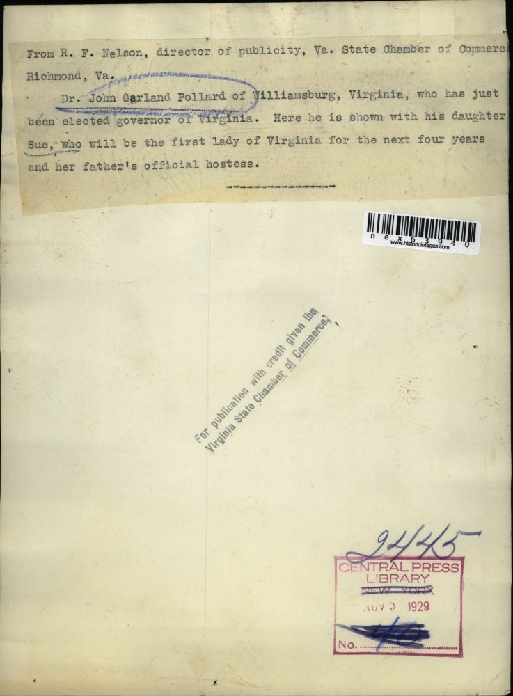 1929 Press Photo Dr.John Garland Pollard, elected Gov of Virginia w/ daughter