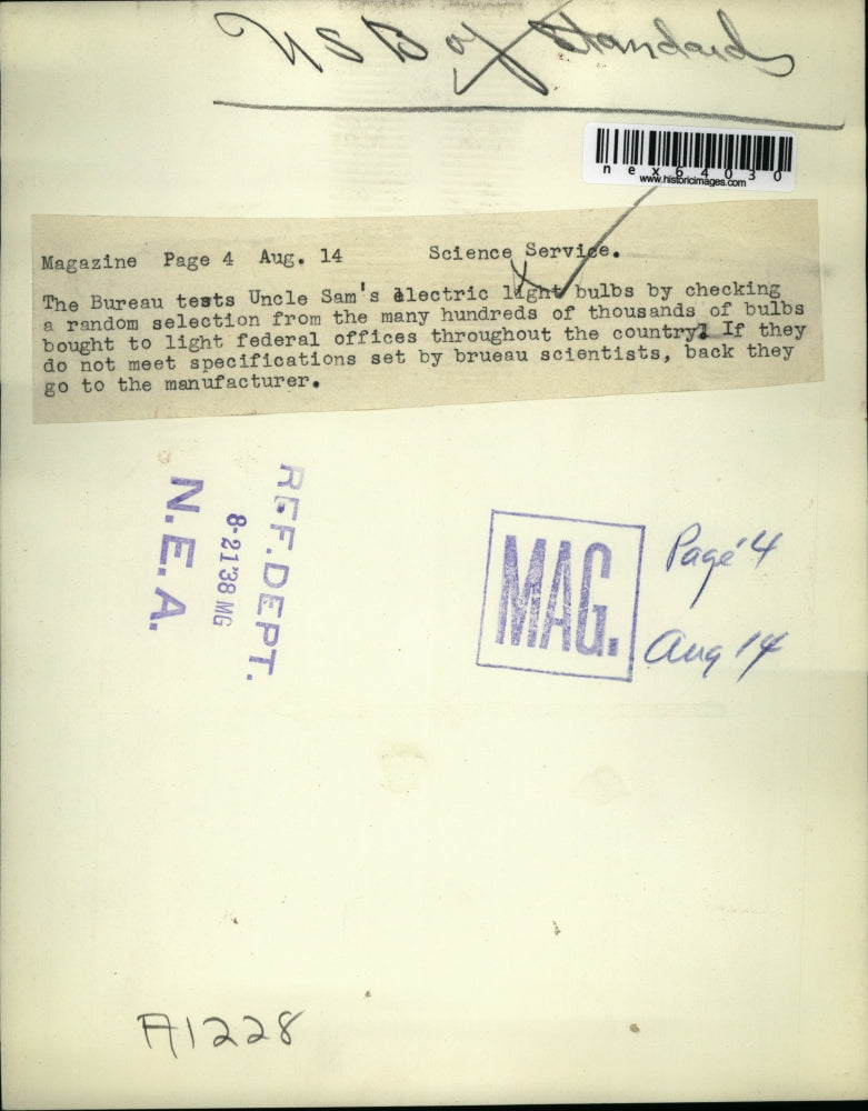 1938 Press Photo US Bureau of Standards tests of lightbulbs