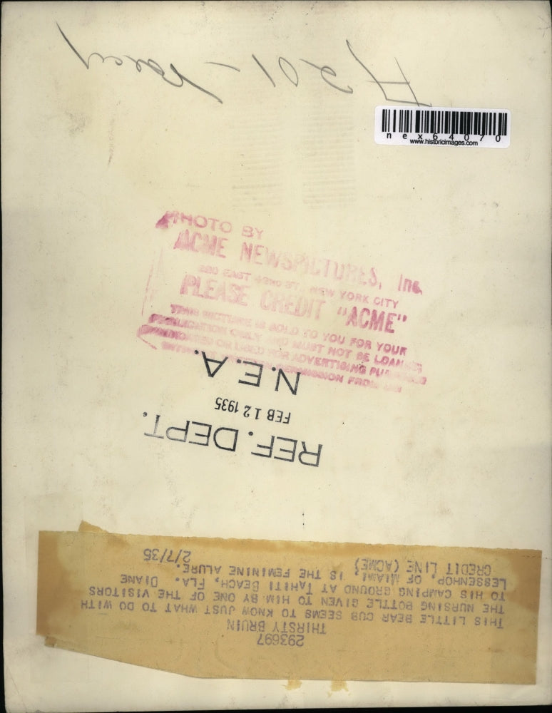 1935 Press Photo Bear cub nurses from bottle at tahiti Beach Fla