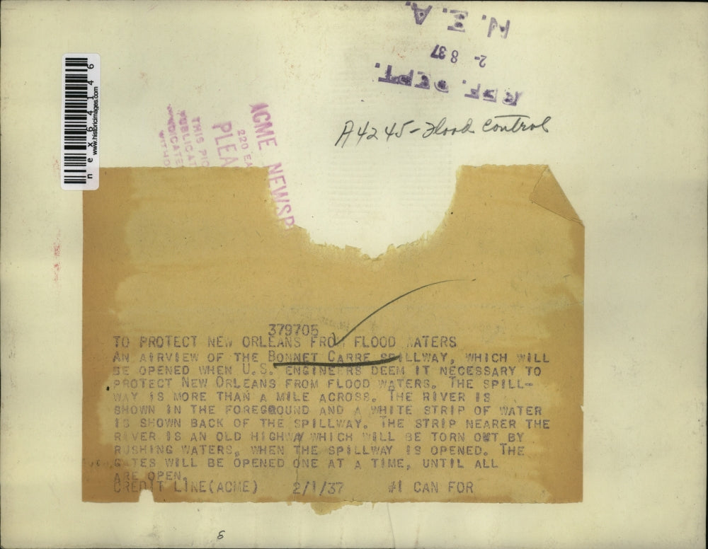 1937 Press Photo Airview of the Bonnet Carre Spillway